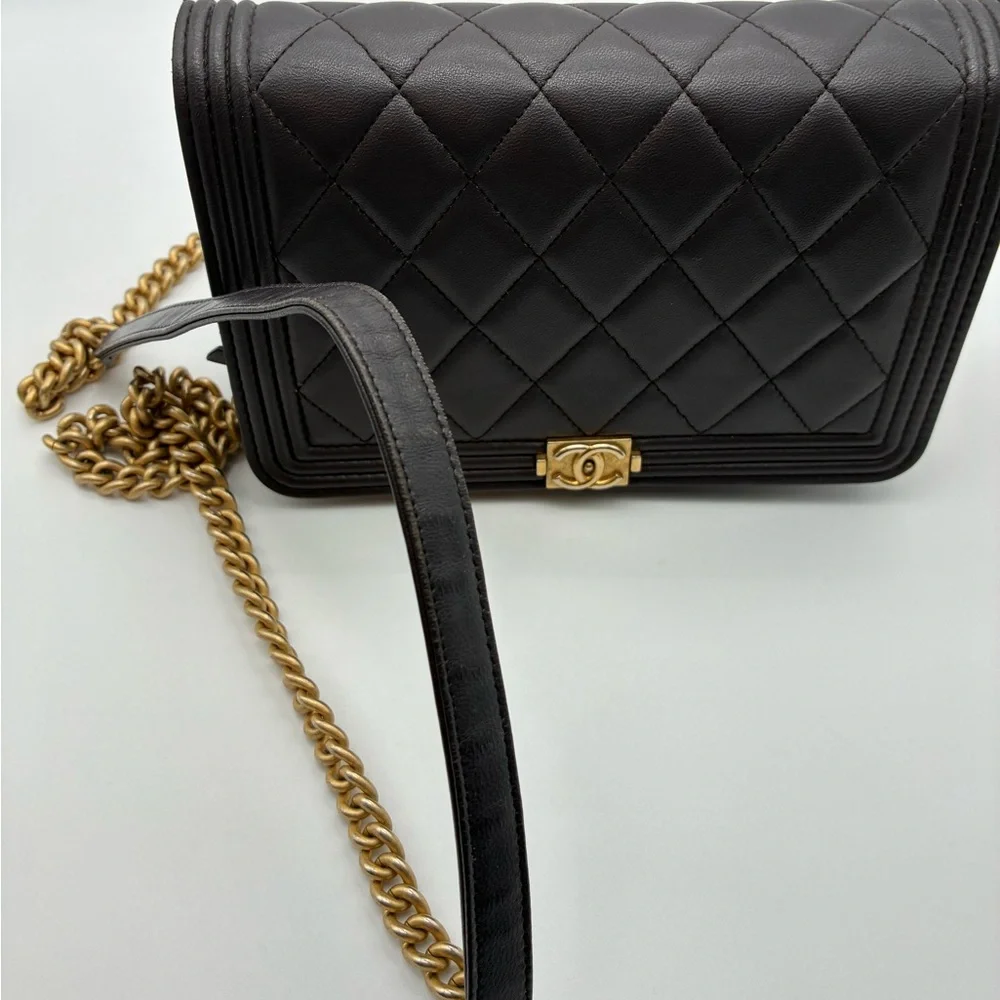 Chanel Quilted Dark Grey Le Boy Wallet WOC Lambskin Leather Crossbody bag
